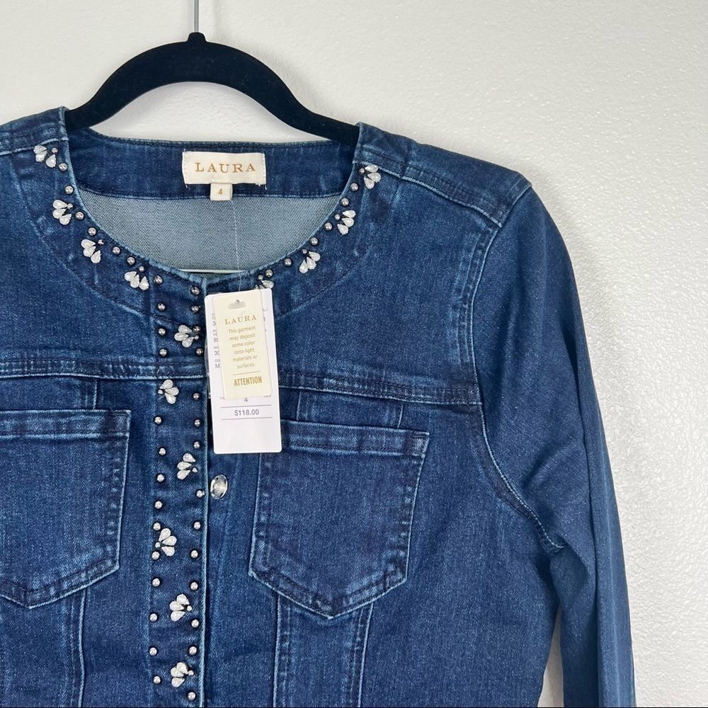 Laura Embellished Jewel Denim Top Blue Snap Front Jacket Sz 4 - Picture 2 of 5